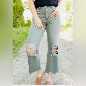 Vervet High-Rise/ cropped Sage Green Distressed Flare Jeans